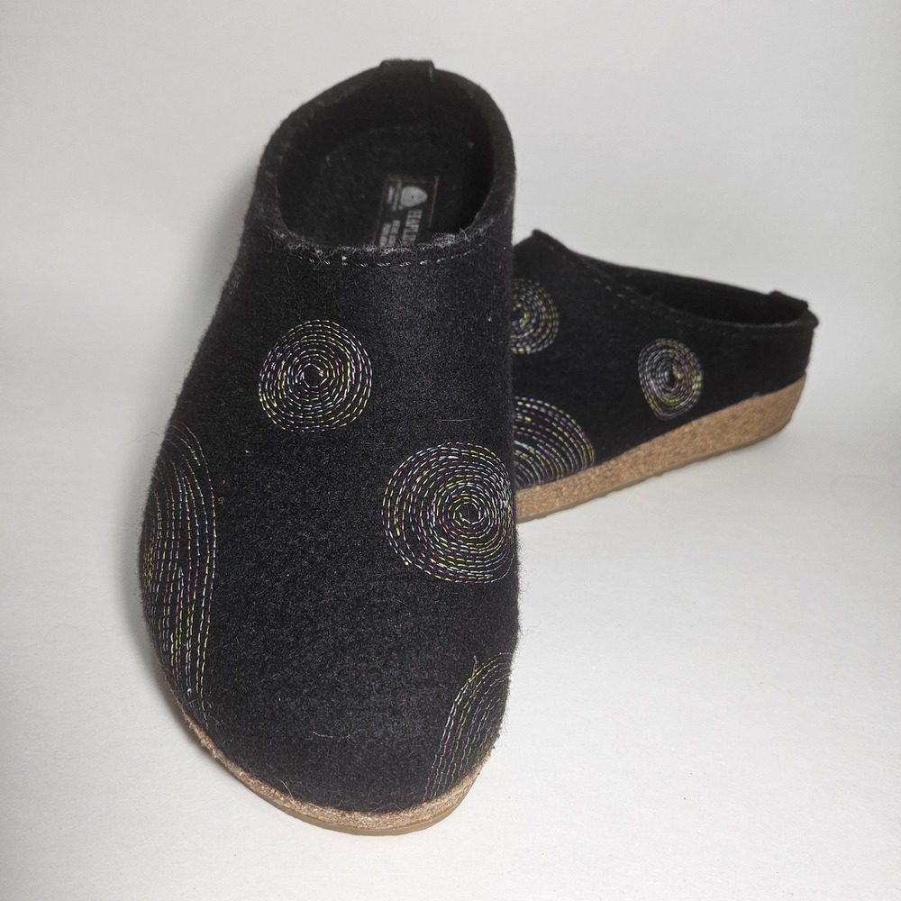 Haflinger Wool Clogs Black Multi Color Spiral Embroidered Slippers Women 42